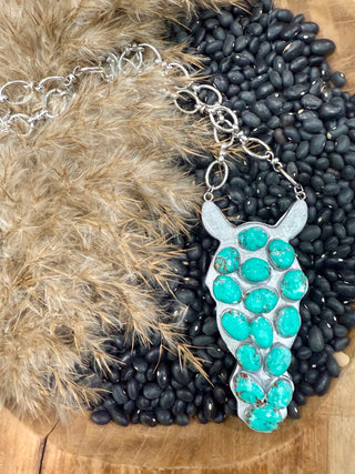 Clay Horse Necklace with Faux Turquoise Stones – 18” Silver Chain