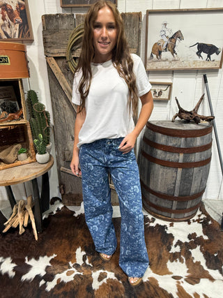 Horse Abstract Print Wide Leg Jeans | Mid Rise Western Statement Denim