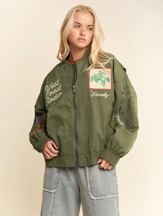 Army Green West Coast Rodeo Satin Bomber
