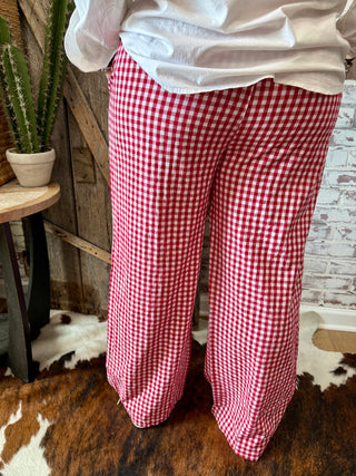 Red & White Gingham Wide-Leg Pants – Elastic Drawstring Lounge Trousers