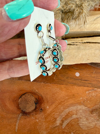 Zuni Turquoise Sterling Silver Hoop Earrings- Native American