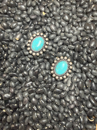 Turquoise Oval Concho Stud Earrings | Western Silver Beaded Studs