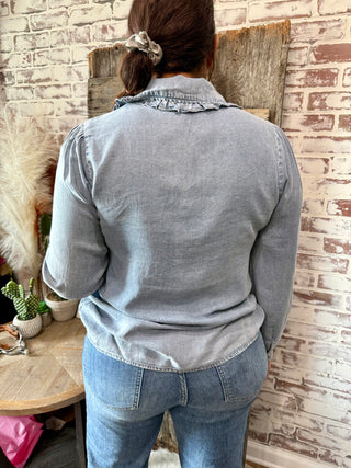 Denim Tencel Blouse with Ruffle Peter Pan Collar – Western Cowgirl Top
