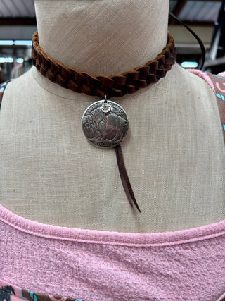 Braided Leather Buffalo Coin Choker
