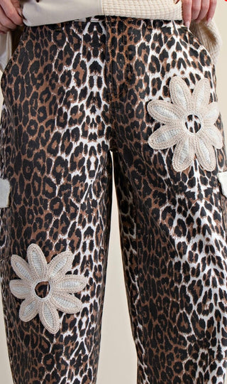 Easel Leopard Floral Patch Barrel Pants for Women – Cropped Animal Print Cargo Pants with Crochet Flower Detail
