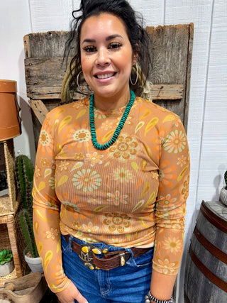 
Retro Floral Mesh Top for Women | Western 70s Print Long Sleeve Cowgirl Layering Top