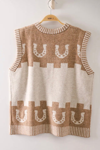 Saddle Up Western Horse & Horseshoe Sweater Vest- Tan