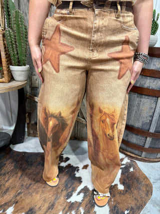 Howdy Cowboy Western Graphic Jeans | Vintage Horse & Rodeo Print High Waist Cowgirl Pants