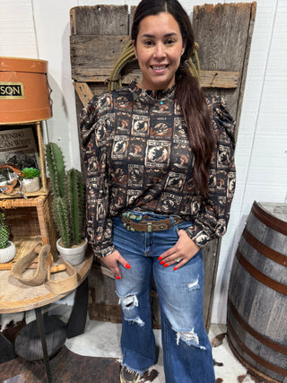 Prairie Playbill Western Top – Vintage Rodeo Poster Print Blouse