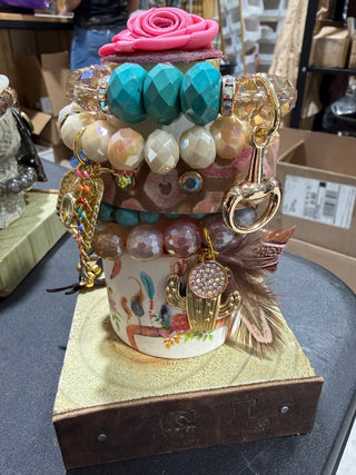 Boho Western Snaffle Bit Bracelet Stack with Turquoise Beads, Gold Charms & Cactus Pendant-Set of 6 Bracelets