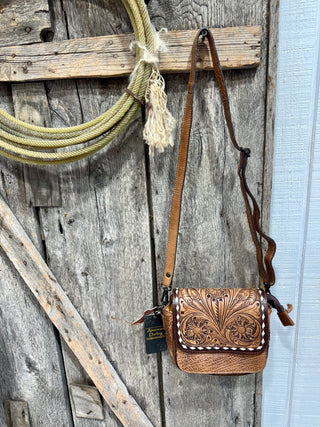 Tooled Leather Floral Crossbody Bag with Whipstitch Trim – Western Cowgirl Purse