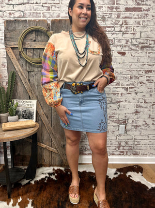 Short Denim Skirt With Boot Stitch Detail