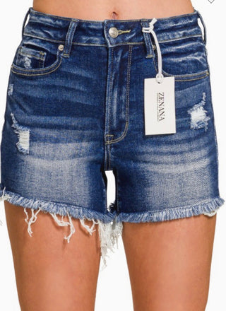 Dark Wash Distressed Frayed Hem Denim Shorts | High Rise Stretch Western Boutique Shorts