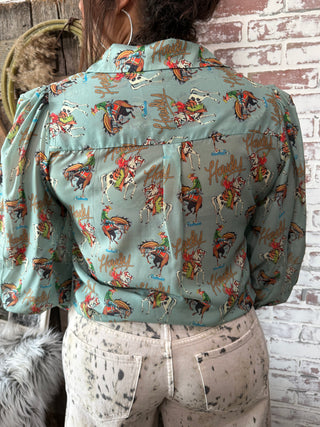 Howdy Cowboy Print Western Button-Down Blouse – Vintage Rodeo Cowgirl Shirt