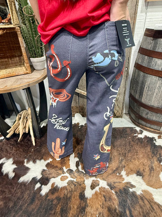 Yee Haw Howdy Western Print Wide Leg Pants