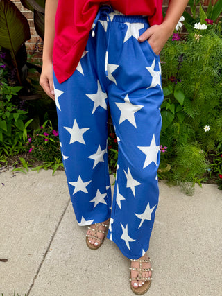 French Terry Star Pants | Patriotic Blue & White Wide Leg Lounge Pants