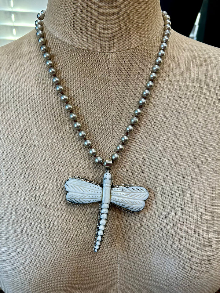 Carved Bone Dragon Fly Necklace-German Silver