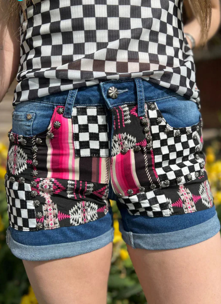 Patched Up Denim Studded Shorts
