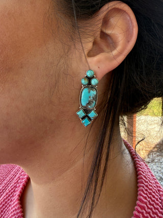 Sterling Silver Turquoise Cluster Stud Earrings | Southwestern Cowgirl Statement Earrings