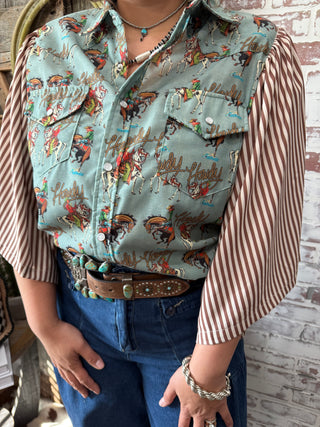 Retro Rodeo Cowboy Print Western Blouse with Striped Sleeves – Cowgirl Style Top
