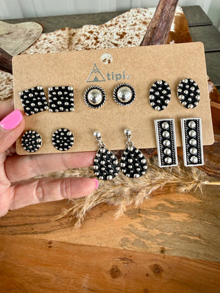 6 Pair Western Black & Silver Stud Earrings Set – Concho, Teardrop & Statement Styles