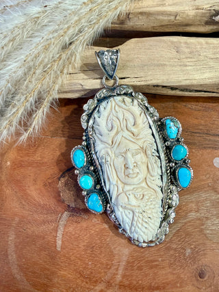 Carved Bone Native Warrior & Turquoise Statement Pendant