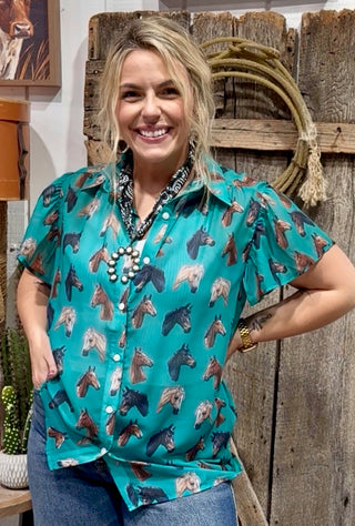 Turquoise Horse Print Button-Up Flutter Sleeve Sheer Top