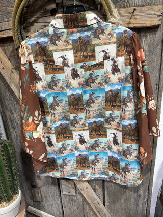 Cowboy Postcard Floral Flutter Sleeve Western Button Down