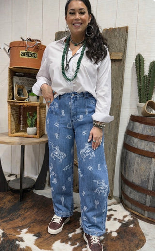 Light Wash Western Rodeo Print Jeans | High Rise Cowgirl Barrel Jeans