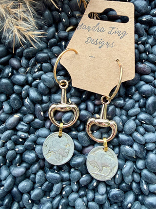 Gold Horse Bit Hoop Earrings with Buffalo Nickel Coin – Western Equestrian Statement