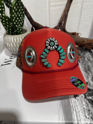 Turquoise Squash Blossom Concho Western Trucker Hat