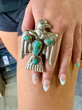 Tibetan German Silver Thunderbird Ring | Adjustable Turquoise Statement Ring | Southwestern Jewelry