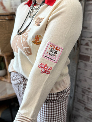 Cowgirl Graphic Knit Cropped Sweater – Western Horse & Rodeo Icons