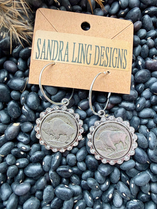 Buffalo Nickel Coin Hoop Earrings with Crystal Edge – Western Silver Statement