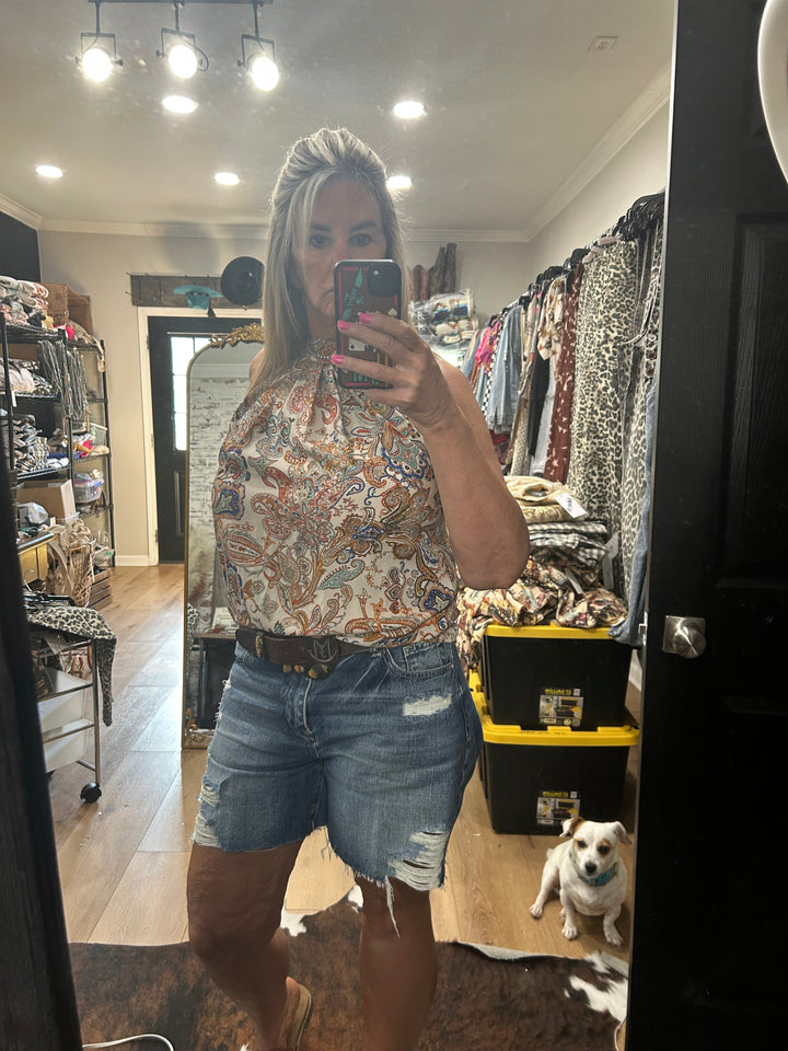 High Rise Relaxed Distressed Bermuda Shorts