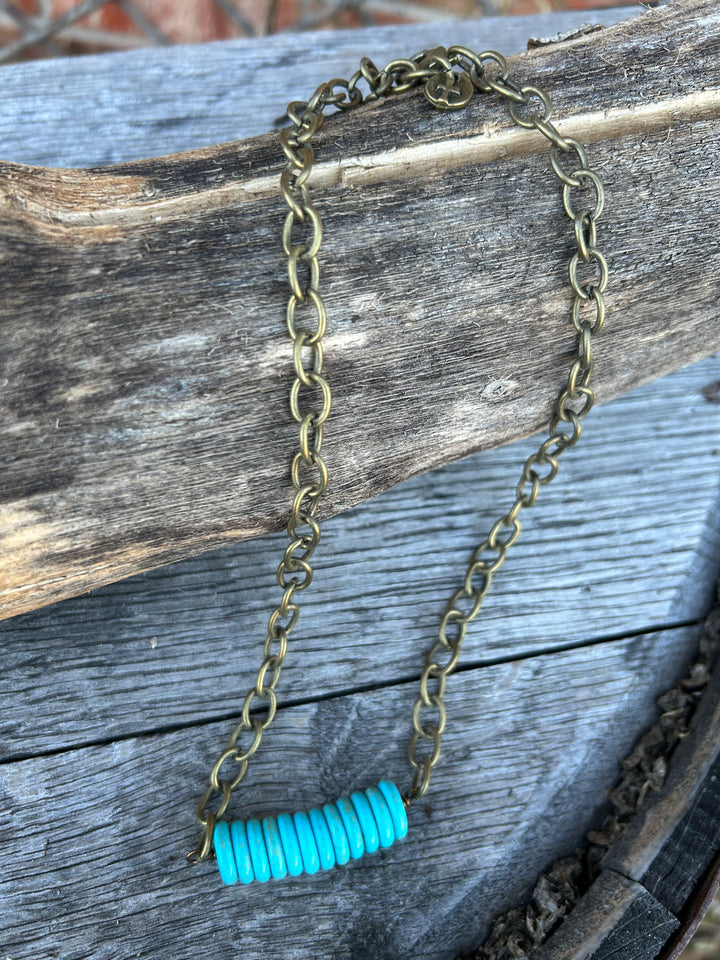 Antique Gold Turquoise Stacked Stone Bar Necklace