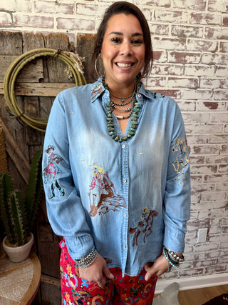Embroidered Cowgirl & Rodeo Denim Button Down Shirt – Western Rodeo Style