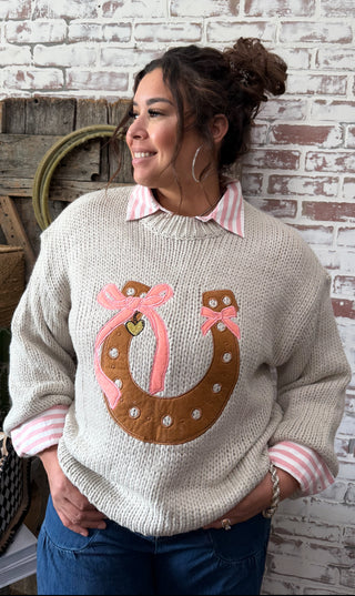 Lucky Horseshoe Western Knit Sweater with Pink Bow Detail