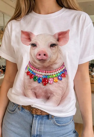 Bling Bling Show Pig Graphic Tee – Western Cowgirl Pig Shirt with Rhinestone Jewel Necklace