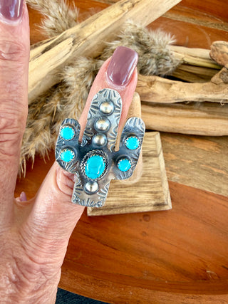 Gabrielle Yazzie Turquoise Cactus Sterling Silver Adjustable Ring