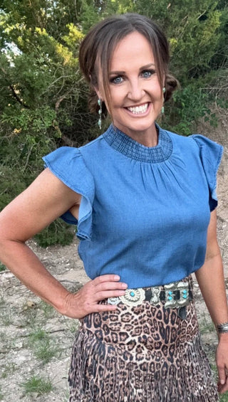 Dark Wash Denim Flutter Sleeve Top | Sterling Kreek