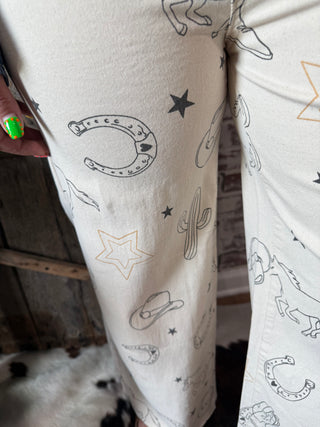 Western Cowboy Print Wide Leg Pants – Cowgirl Graphic Trousers with Horseshoe, Cactus & Star Design
