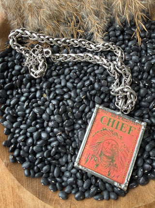 Vintage Big Chief Tablet Pendant Necklace on Chunky Brass Chain | Western Statement Jewelry