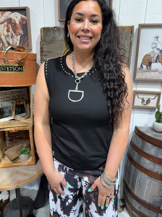 Black Studded Shoulder Tank Top for Women – Western Rhinestone Trim Sleeveless Boutique Top