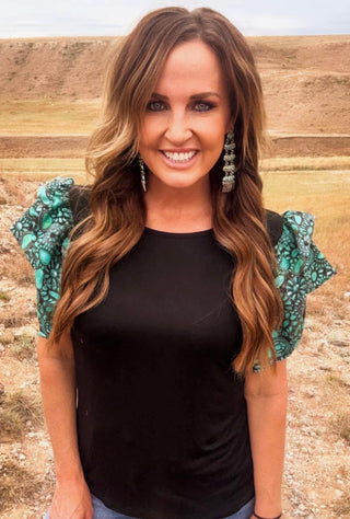 Santa Fe Stone Flutter Sleeve Top | Turquoise Concho Print