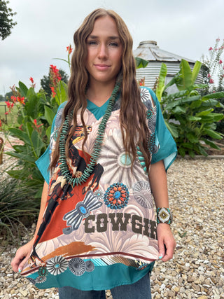 Turquoise Concho Rodeo Poncho Top – Western Horse Graphic Cowgirl Blouse-One Size Fits Upto 2X