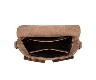 Inside of Trinity Ranch Hair-On Hide Crossbody Bag with Concho Pockets- Khaki