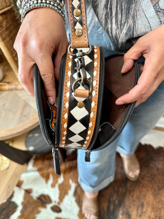 Western Round Crossbody Canteen Bag – Black & White Checkered Leather with Tooled Trim