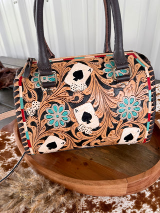 Hand Painted Tooled Leather Speedy Bag Medium – Western Playing Card Purse with Floral Carving, Dice Design & Crossbody Strap