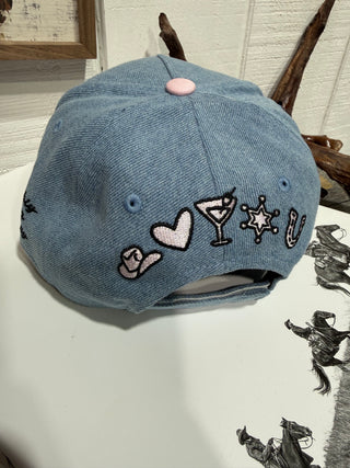 Running on Rodeo Time Western Trucker Hat | Vintage Denim & Striped Brim Cap